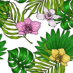 Orchids and palm leaves, pink, yellow, green and white