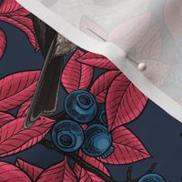 Chickadee birds on blueberry branches, red leaves on dark blue