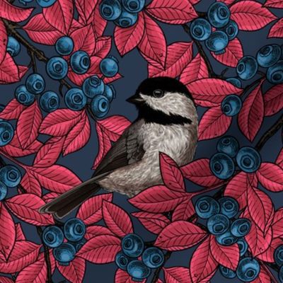 Chickadee birds on blueberry branches, red leaves on dark blue