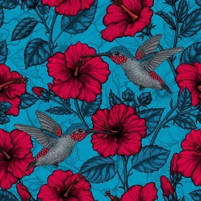 Red hibiscus and hummingbirds, tropical garden on blue