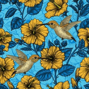 Yellow hibiscus and hummingbirds, tropical garden on light blue