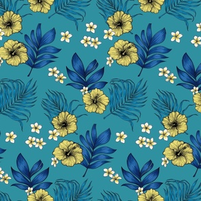 Yellow hibiscus flowers, plumeria and palm leaves on blue