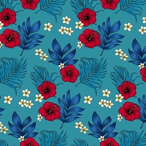 Red hibiscus flowers, plumeria and palm leaves on blue