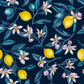 Lemon branches with blossoms and fruit, blue leaves on dark blue