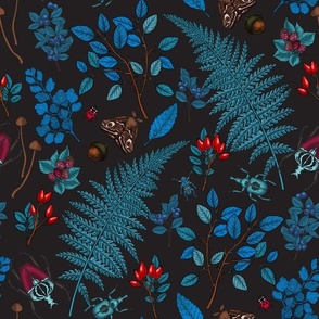 Forest berries, leaves and bugs in blue, red and graphite black 1