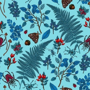 Forest berries, leaves and bugs in blue