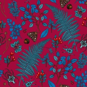 Forest berries, leaves and bugs in blue and red