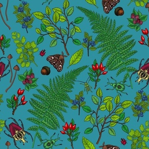 Forest berries, leaves and bugs on lagoon blue