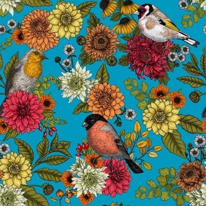 Garden birds and flowers on carribean blue