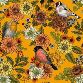 Garden birds and flowers on marigold orange