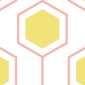 Hexagon abstract geometrical in buttercup yellow, pink and white