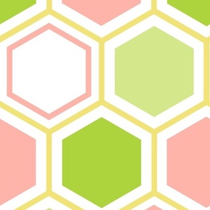 Hexagon abstract geometrical pattern in pink, lime, honeydew and buttercup colors