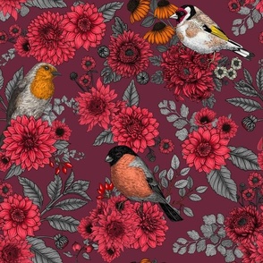 Garden birds and flowers on wine red