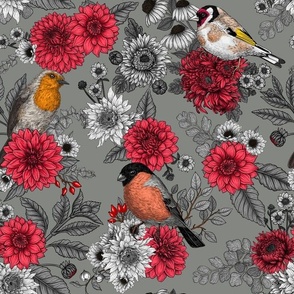 Garden birds and flowers on pewter gray