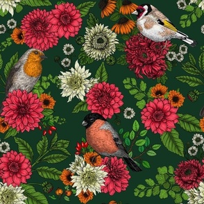 Garden birds and flowers on dark emerald green