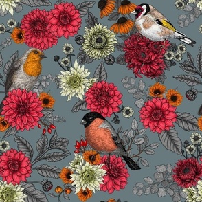 Garden birds and flowers on slate gray