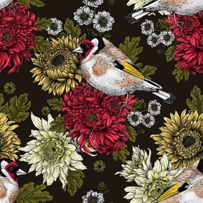 Goldfinch and chrysanthemum flowers