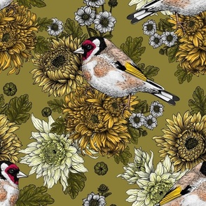 Goldfinch and yellow chrysanthemum flowers on moss green