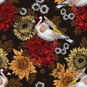 Goldfinch and chrysanthemum flowers