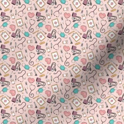 (micro scale) medical supplies - doctor / nurse fabric - mauve & pink on pink - C22