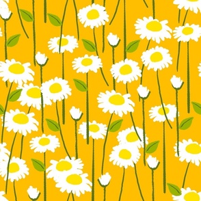 Retro Modern Summer Daisy Flowers On Orange Repeat Pattern