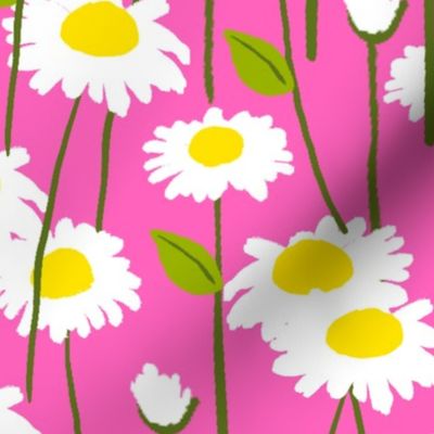 Retro Modern Summer Daisy Flowers On Hot Pink