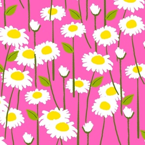 Retro Modern Summer Daisy Flowers On Hot Pink Repeat Pattern