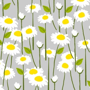 Retro Modern Summer Daisy Flowers On Grey Repeat Pattern