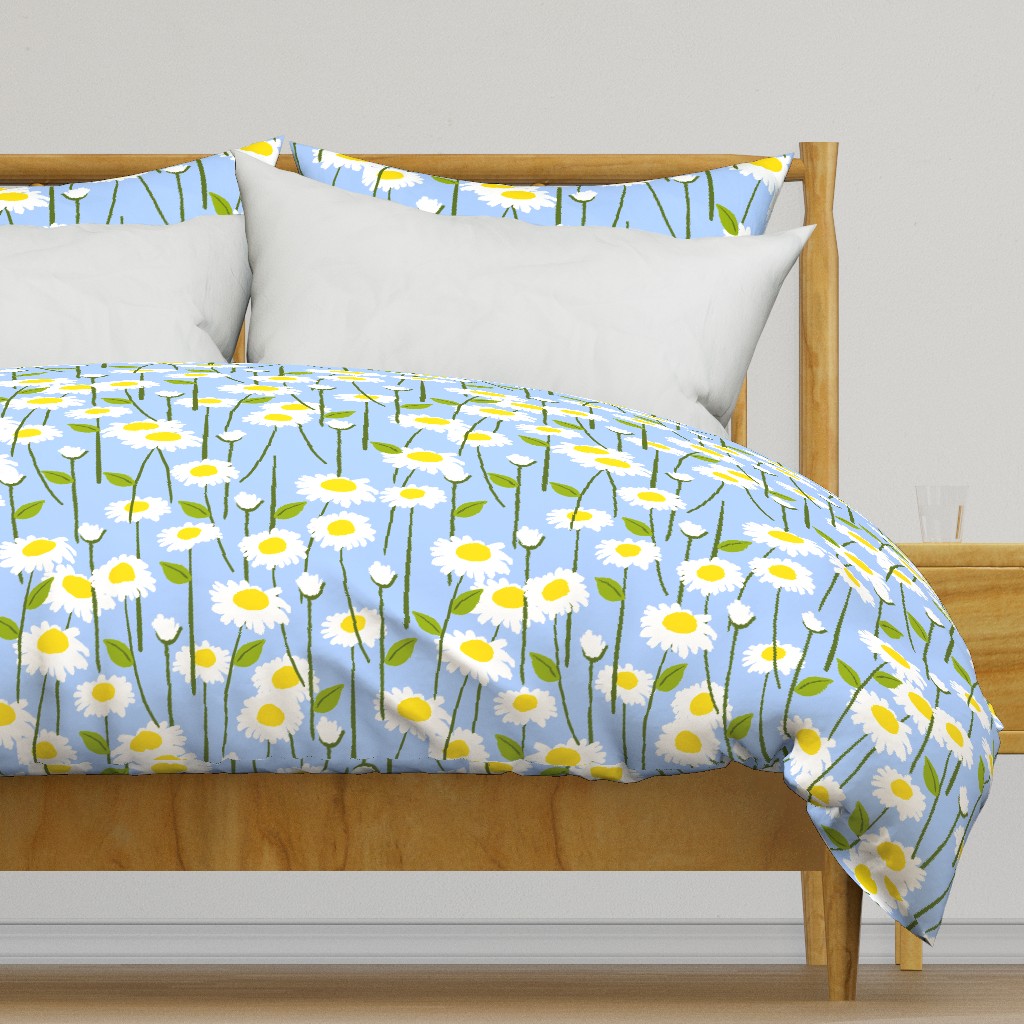 Retro Modern Summer Daisy Flowers On Baby Blue Repeat Pattern