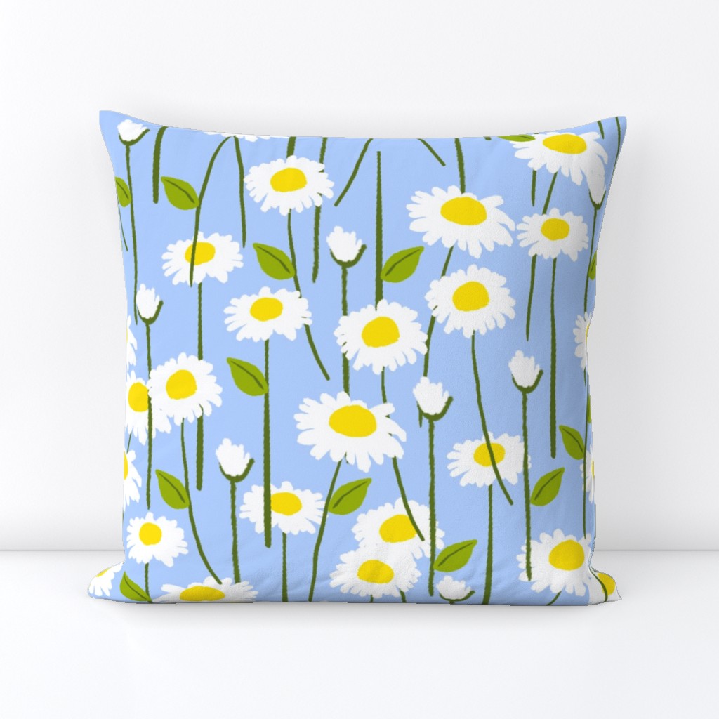 Retro Modern Summer Daisy Flowers On Baby Blue Country Meadow Farmhouse Scandi Swedish Ditzy Floral Repeat Pattern