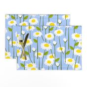 Retro Modern Summer Daisy Flowers On Baby Blue Country Meadow Farmhouse Scandi Swedish Ditzy Floral Repeat Pattern