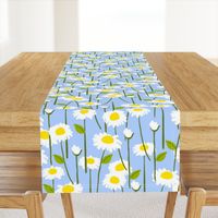 Retro Modern Summer Daisy Flowers On Baby Blue Country Meadow Farmhouse Scandi Swedish Ditzy Floral Repeat Pattern