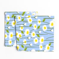 Retro Modern Summer Daisy Flowers On Baby Blue Country Meadow Farmhouse Scandi Swedish Ditzy Floral Repeat Pattern
