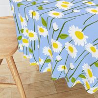 Retro Modern Summer Daisy Flowers On Baby Blue Country Meadow Farmhouse Scandi Swedish Ditzy Floral Repeat Pattern