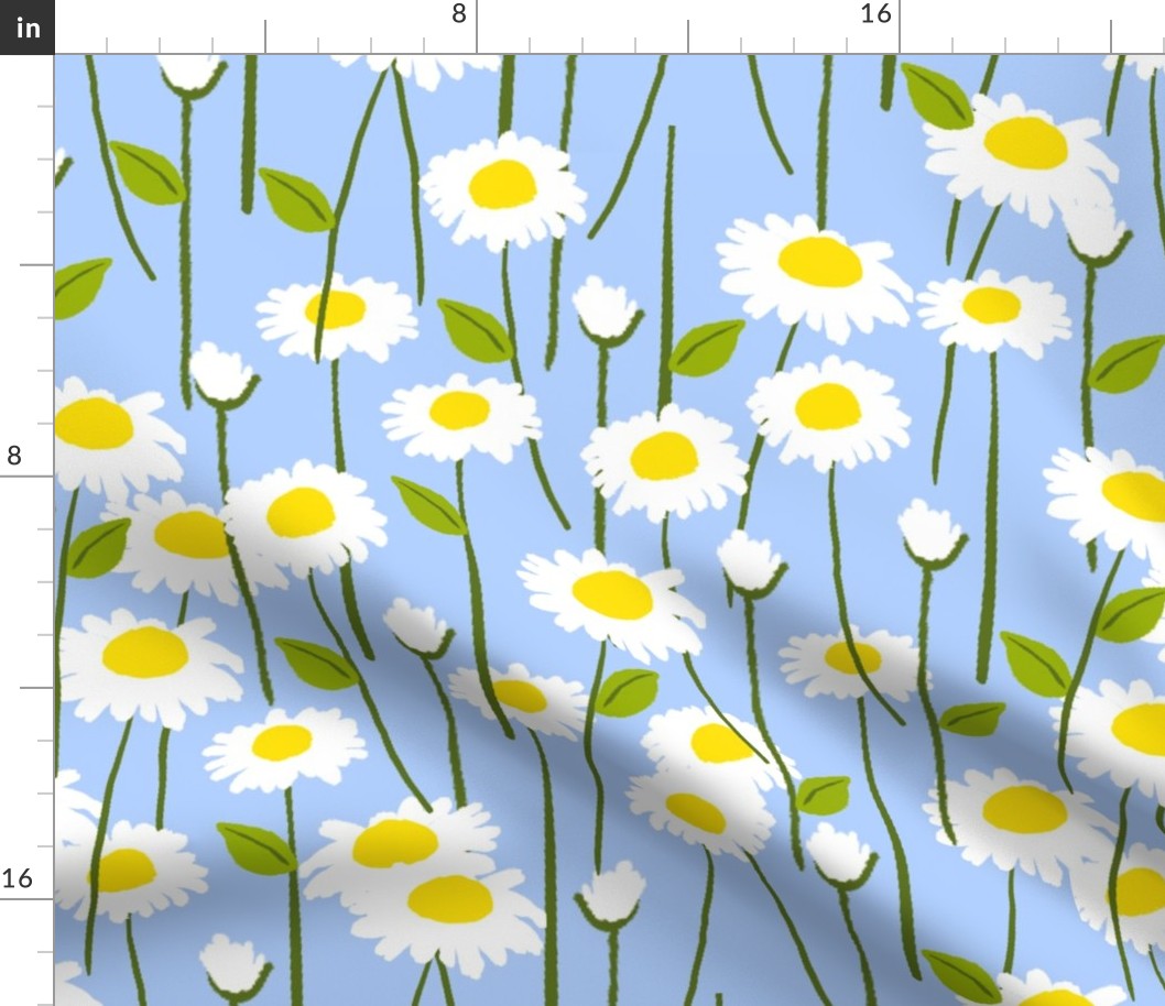 Retro Modern Summer Daisy Flowers On Baby Blue Repeat Pattern