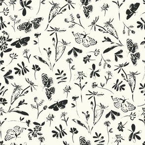 Black and Cream Ditsy Boho Floral (16" Fabric / 12" Wallpaper)