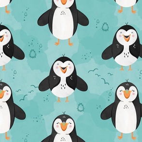 Cartoon Puffins on a Teal Background  (16" Fabric / 12" Wallpaper)