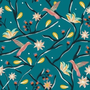 Pink hummingbirds, yellow flowers and trees - Turquoise Background 
