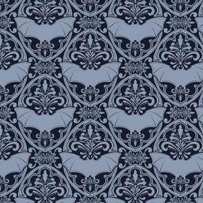 Halloween Bat Damask -  Light blue on Navy