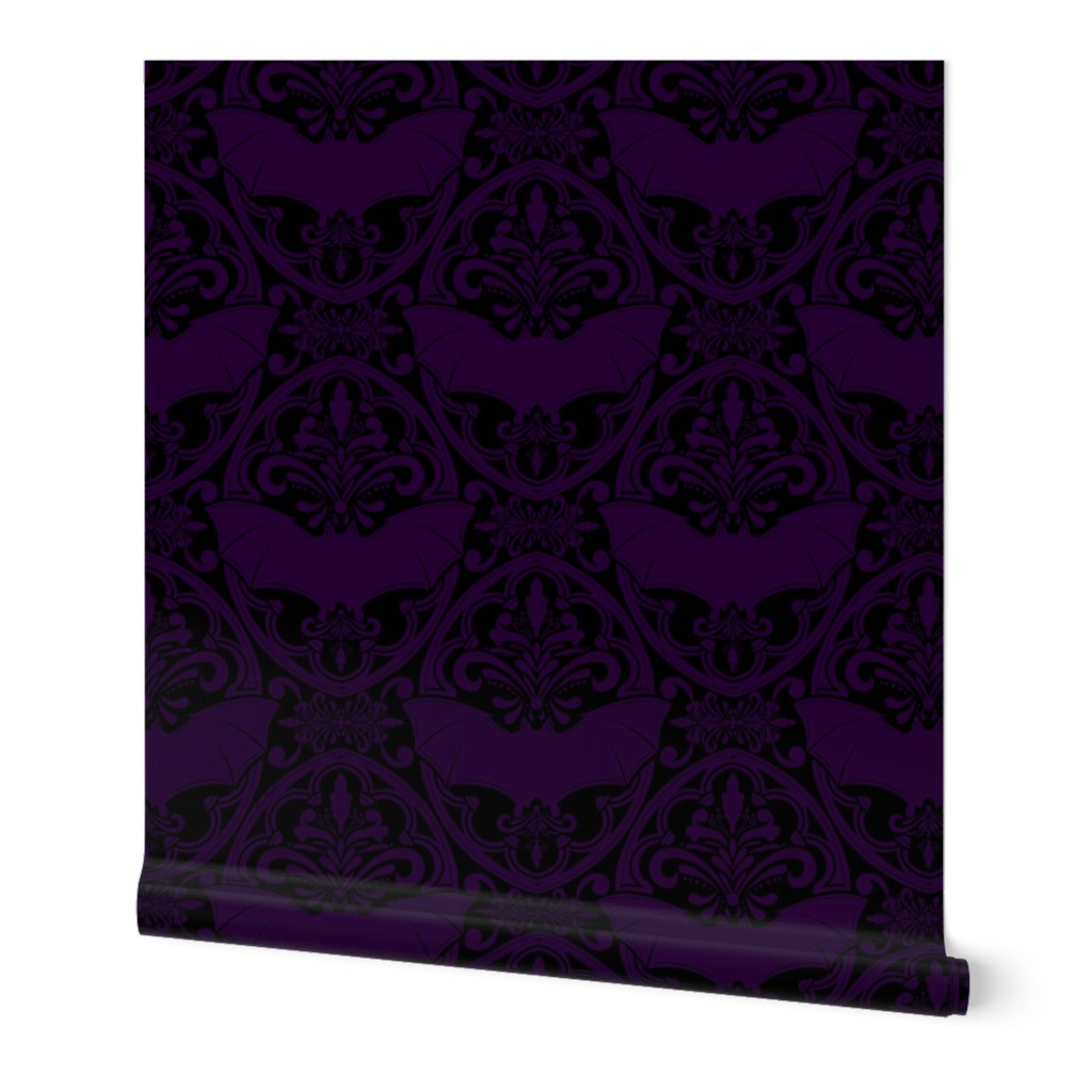 Subtle Damask purple Bats on black