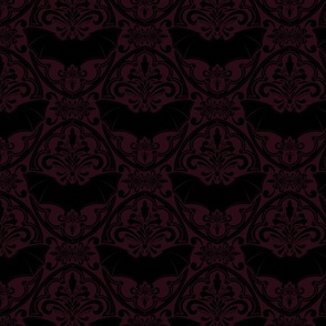 Black bat Damask On Dark Burgundy Background