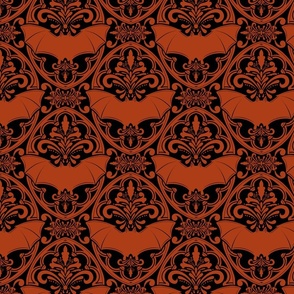 Dark Orange Bat Damask Black background