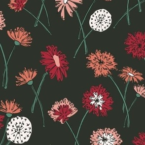 292 - Large scale Wild meadow flowers with dandelions and carnations in warm reds and oranges on deep charcoal gray - for bold and stunning home decor, floral pillows, floral dresses, tote bags and more.