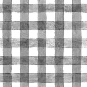 Soft Black and White Gingham Buffalo Plaid -Small Scale - Watercolor Painted Grey Gray