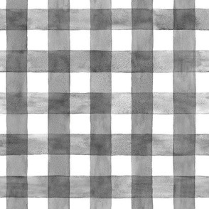 Soft Black and White Gingham Buffalo Plaid - Medium Scale - Watercolor Painted Grey Gray