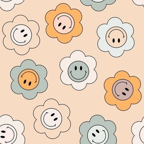 Cute Smiley Face Flowers in muted boho beige mustard sage green