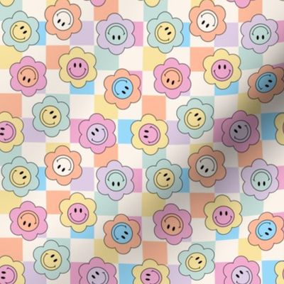 Tiny Micro Pastel Smiley Face Flowers on Checks colorful Bold Playful Fun Boho Kids