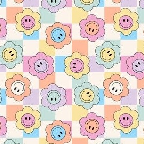 70s seamless vector pattern with vintage daisy or camomile groovy flowers  Psychedelic wavy background with rainbow and smiling faces Fun hippy  texture for surface design wallpaper paper Stock Vector  Adobe Stock