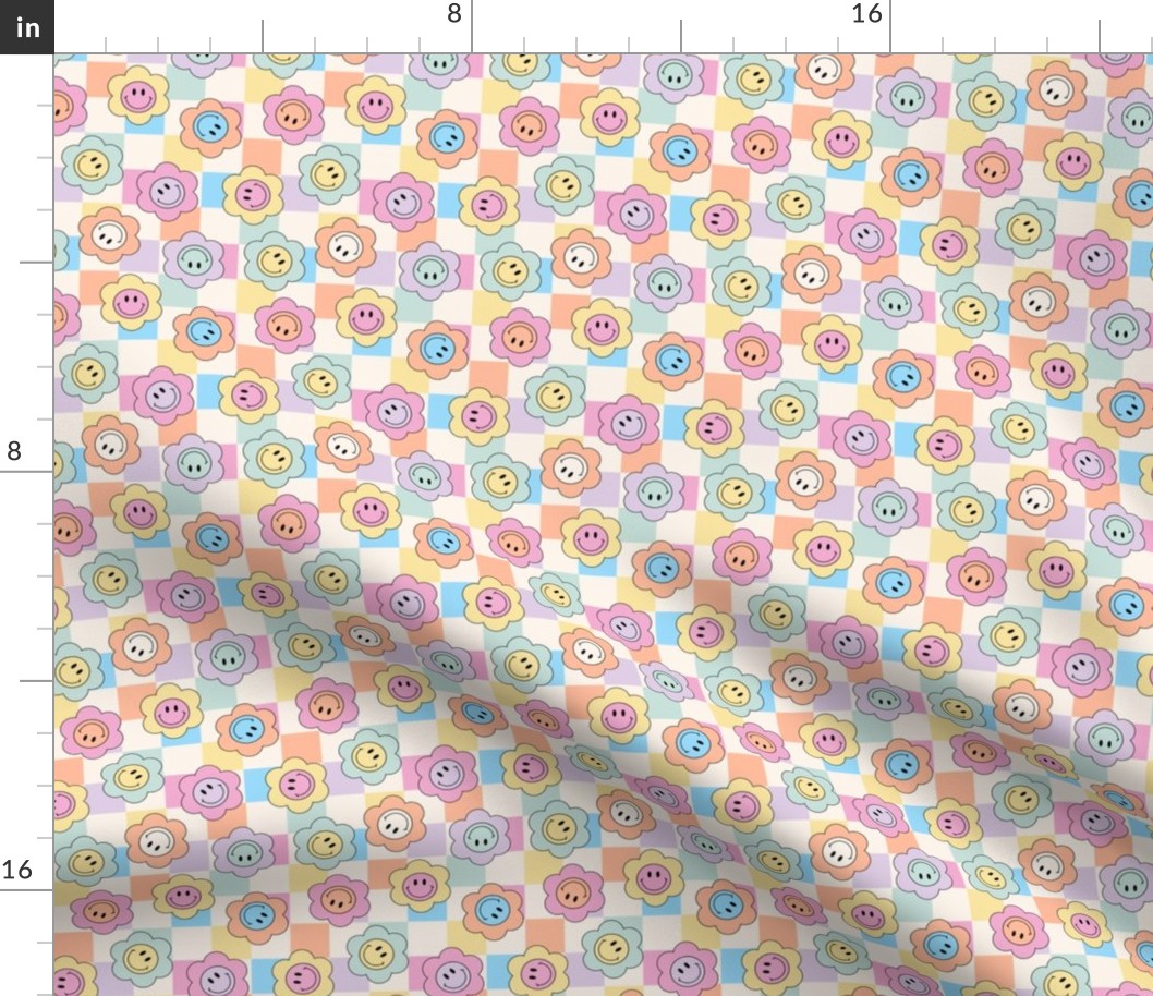 Tiny Micro Pastel Smiley Face Flowers on Checks colorful Bold Playful Fun Boho Kids