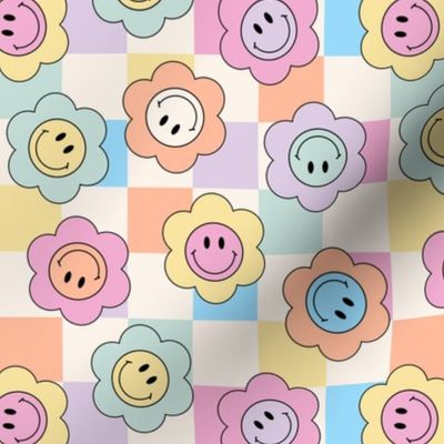 Small Pastel Smiley Face Flowers on Checks colorful Bold Playful Fun Boho Kids